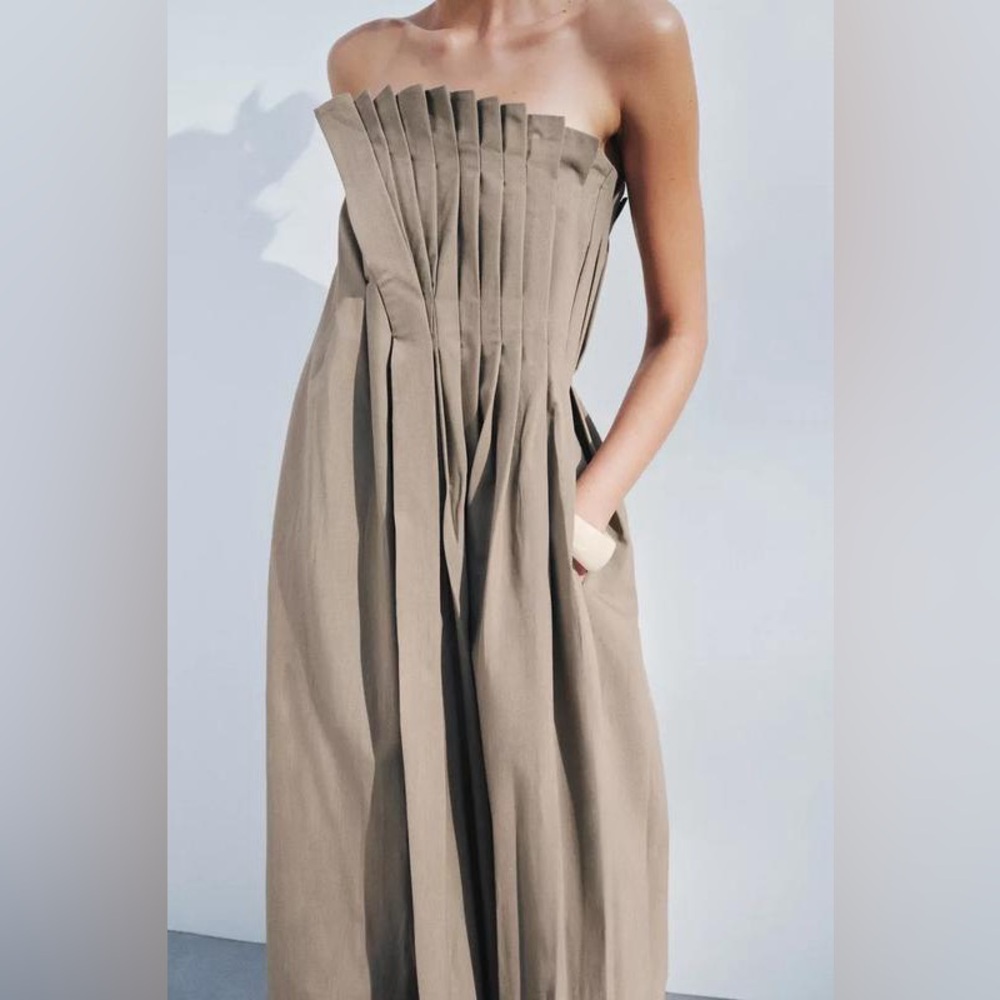 ZARA Pleated Wrinkled Strapless Maxi Dress New S